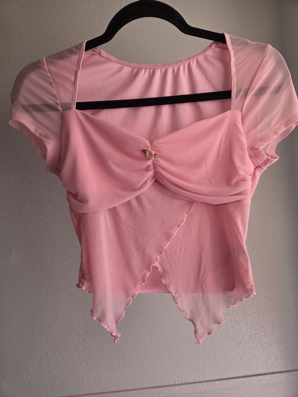 SHEIN Pink Mesh Sleeve Ruched Crop Top Petite